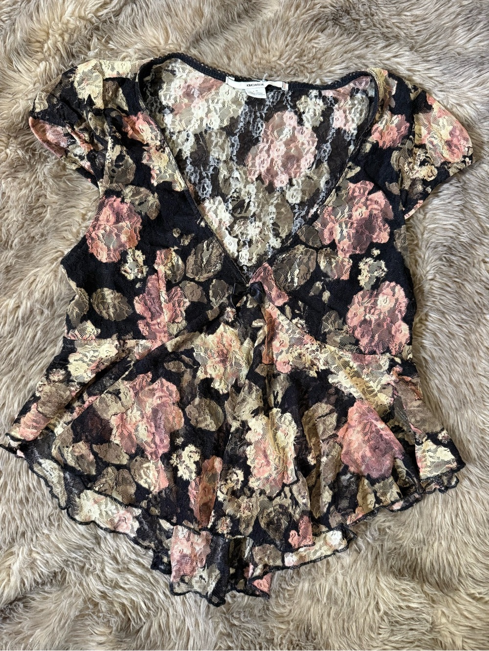 Urban Outfitters Black Lace Floral V-Neck Top with Pink & Cream Blooms